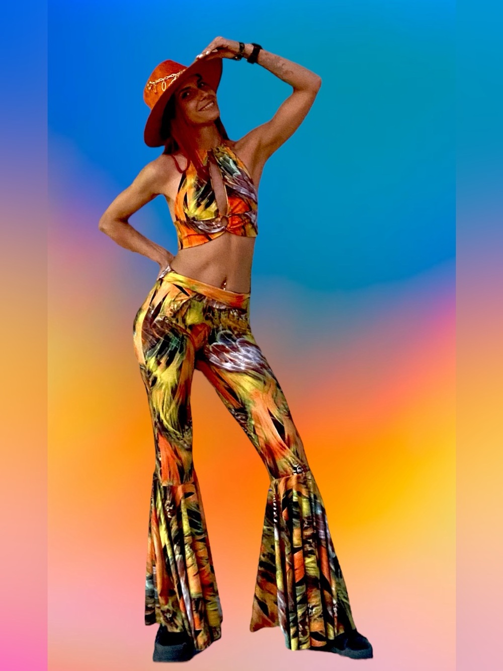 Flared High-Waist Women’s Pants & matching halter top in Orange Tropical Print